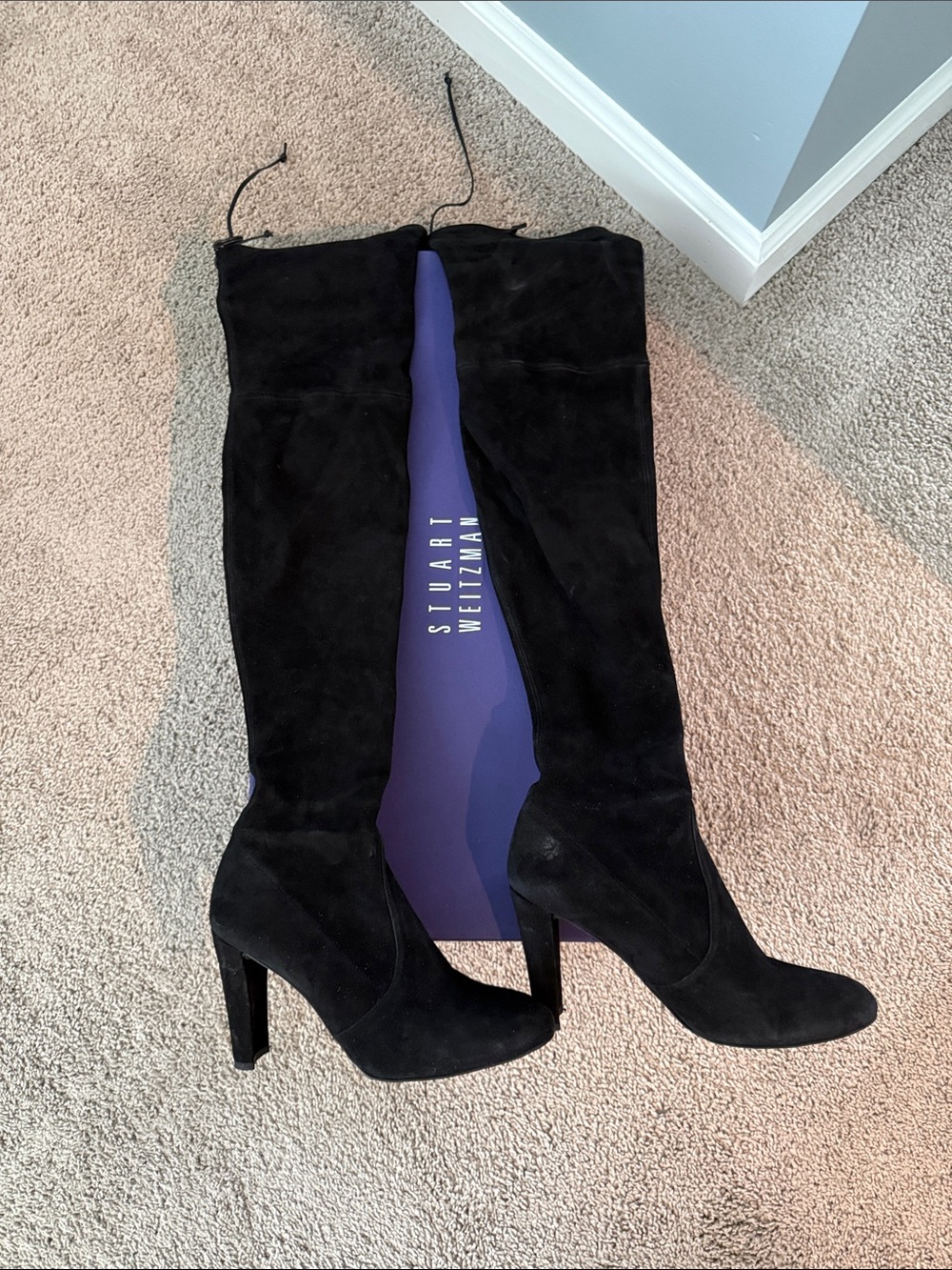 Stuart Weitzman Black Suede Over-The-Knee Block Heel Boots